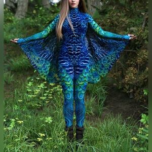 Blue & Green Peacock-Print Women's Jumpsuit with Gauzy Cape